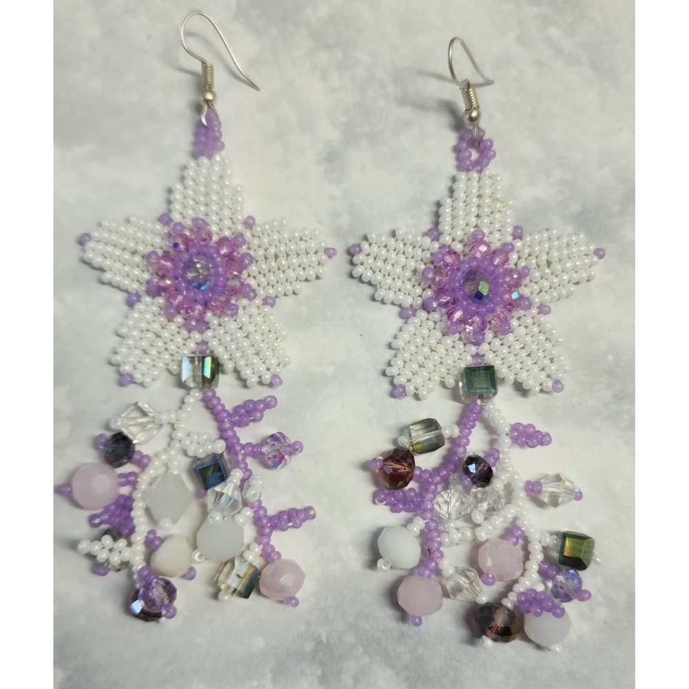 Handmade  Zcech Beaded Flower Dangle Earrings White With Purple Color